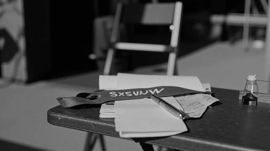 SXSW press badge and notebook on a folding table outside an Austin venue