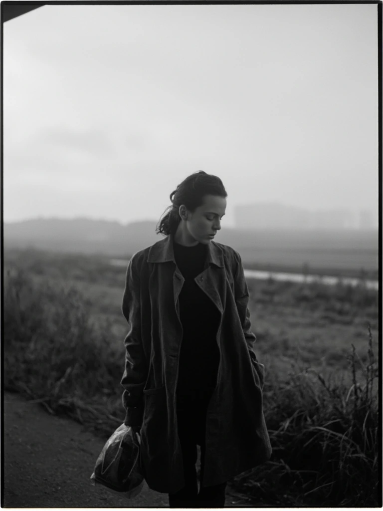 Woman at rural bus stop at dawn, black and white still