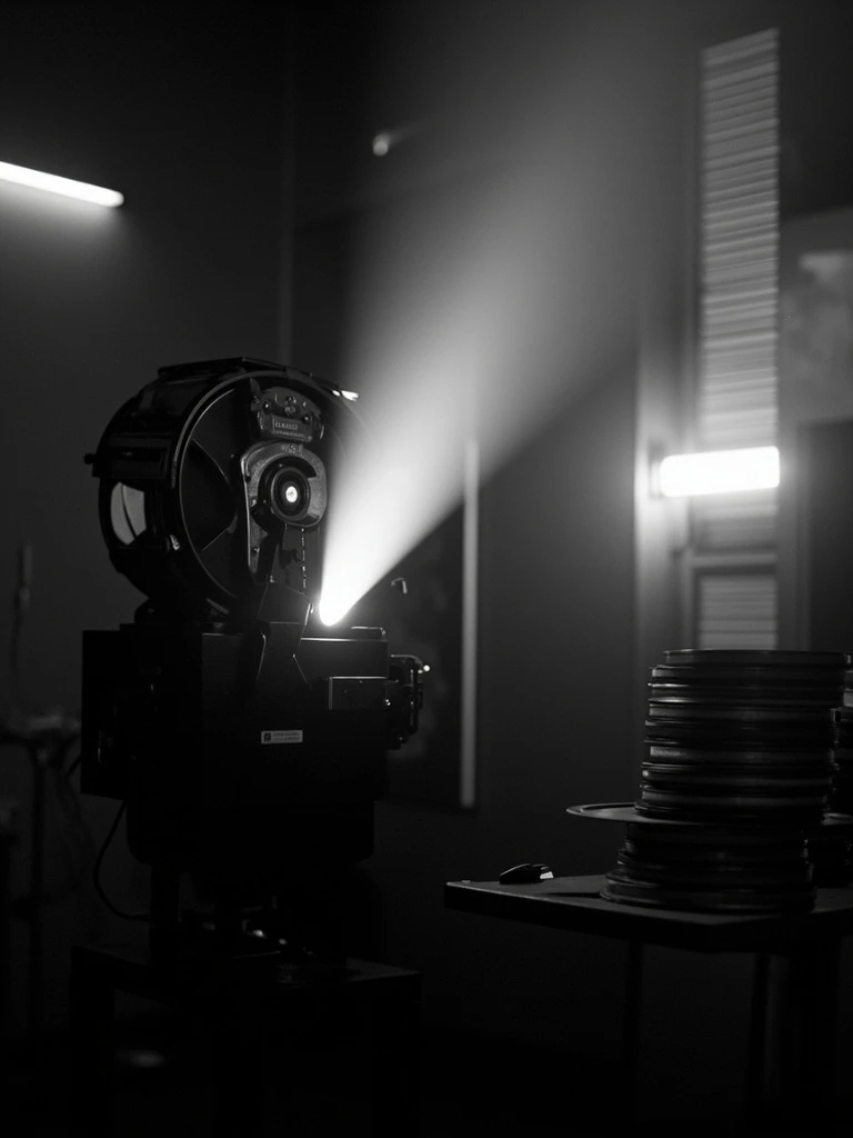 A grayscale still of a cinema projection booth, evoking the editorial intake of a new film